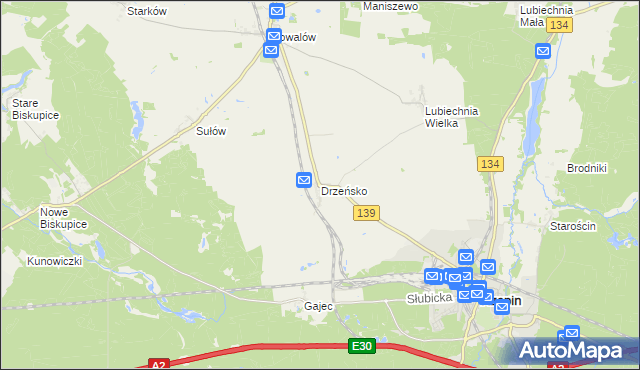 mapa Drzeńsko gmina Rzepin, Drzeńsko gmina Rzepin na mapie Targeo