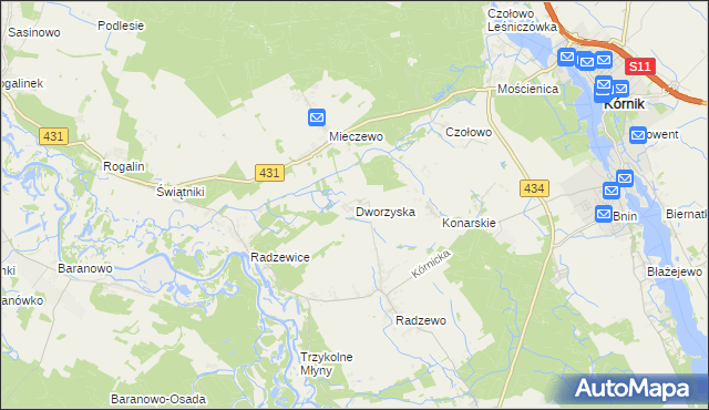 mapa Dworzyska gmina Kórnik, Dworzyska gmina Kórnik na mapie Targeo