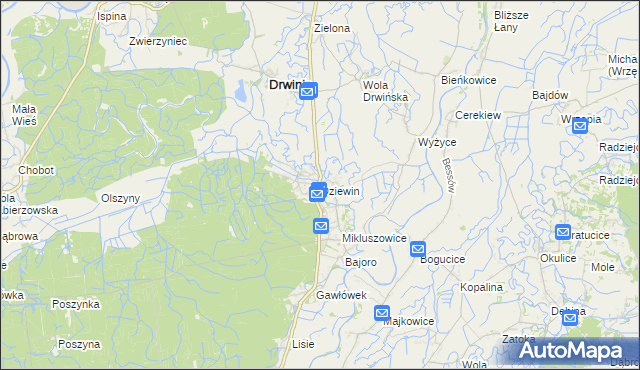 mapa Dziewin gmina Drwinia, Dziewin gmina Drwinia na mapie Targeo