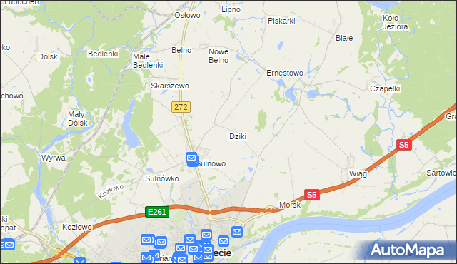 mapa Dziki gmina Świecie, Dziki gmina Świecie na mapie Targeo