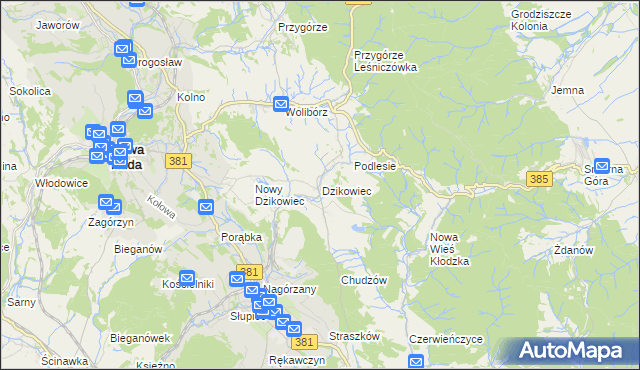 mapa Dzikowiec gmina Nowa Ruda, Dzikowiec gmina Nowa Ruda na mapie Targeo