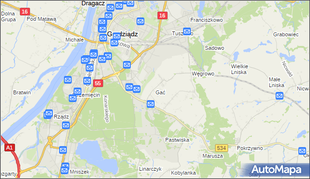 mapa Gać gmina Grudziądz, Gać gmina Grudziądz na mapie Targeo