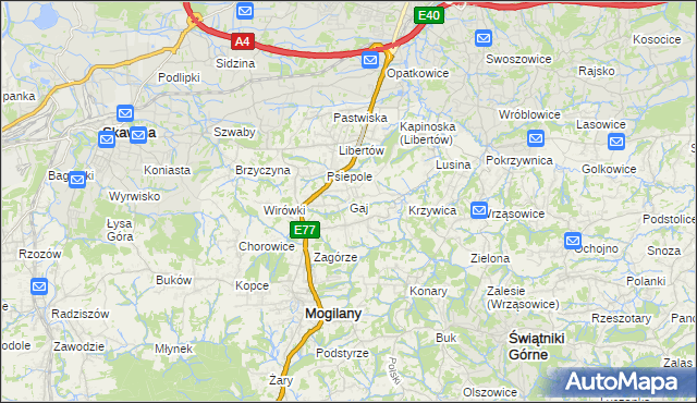 mapa Gaj gmina Mogilany, Gaj gmina Mogilany na mapie Targeo