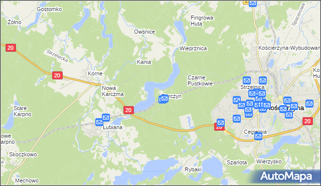 mapa Garczyn gmina Kościerzyna, Garczyn gmina Kościerzyna na mapie Targeo