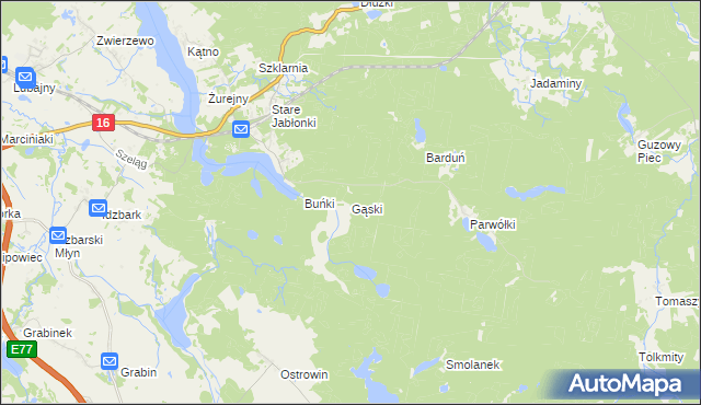 mapa Gąski gmina Ostróda, Gąski gmina Ostróda na mapie Targeo
