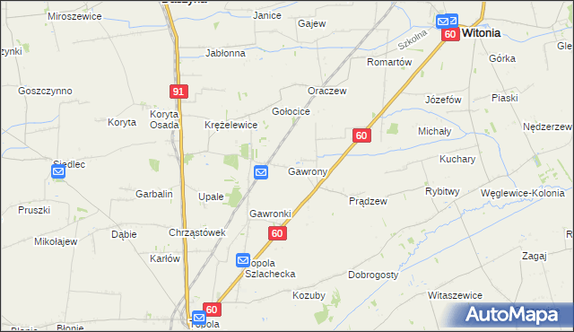 mapa Gawrony gmina Łęczyca, Gawrony gmina Łęczyca na mapie Targeo