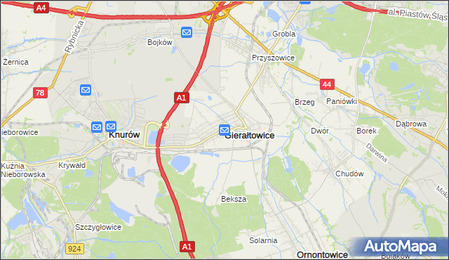 mapa Gierałtowice powiat gliwicki, Gierałtowice powiat gliwicki na mapie Targeo