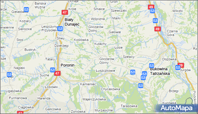 mapa Gliczarów Górny, Gliczarów Górny na mapie Targeo