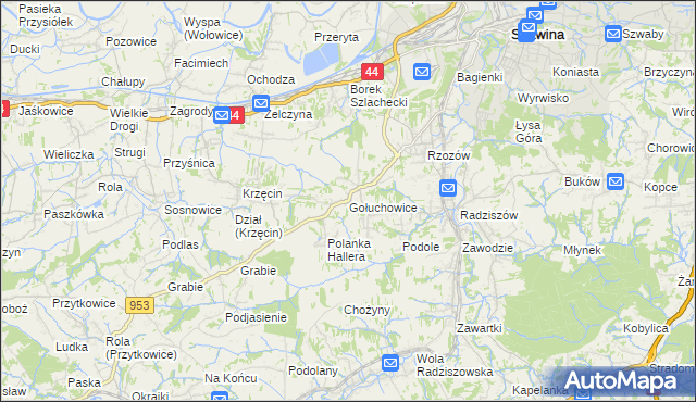 mapa Gołuchowice gmina Skawina, Gołuchowice gmina Skawina na mapie Targeo