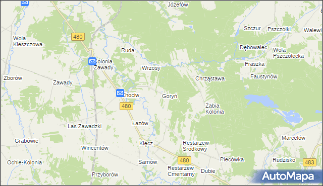 mapa Goryń gmina Widawa, Goryń gmina Widawa na mapie Targeo