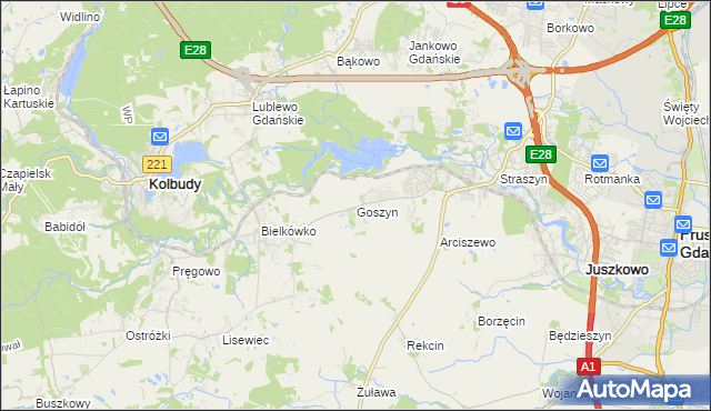 mapa Goszyn gmina Pruszcz Gdański, Goszyn gmina Pruszcz Gdański na mapie Targeo