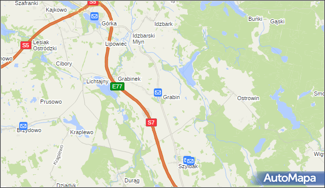 mapa Grabin gmina Ostróda, Grabin gmina Ostróda na mapie Targeo