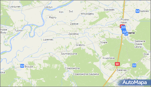 mapa Grabiny gmina Sadowne, Grabiny gmina Sadowne na mapie Targeo