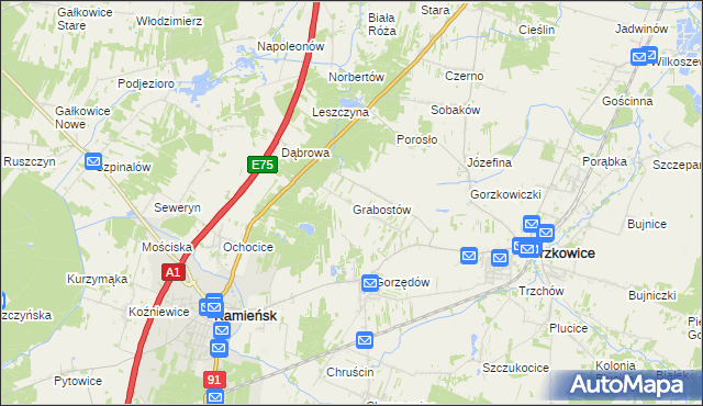 mapa Grabostów gmina Gorzkowice, Grabostów gmina Gorzkowice na mapie Targeo