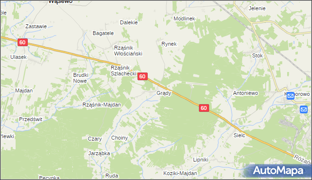 mapa Grądy gmina Wąsewo, Grądy gmina Wąsewo na mapie Targeo