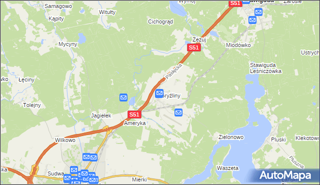 mapa Gryźliny gmina Stawiguda, Gryźliny gmina Stawiguda na mapie Targeo