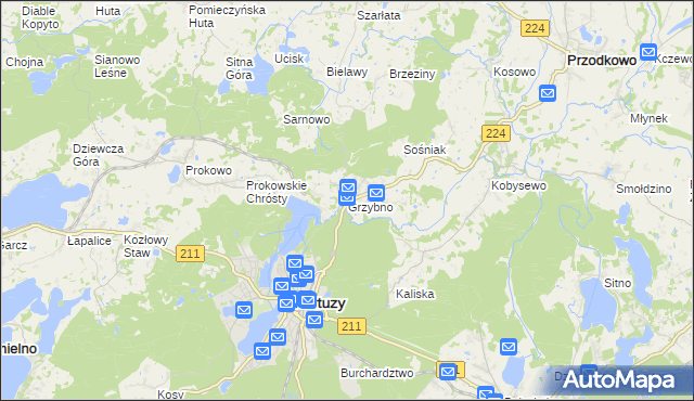 mapa Grzybno gmina Kartuzy, Grzybno gmina Kartuzy na mapie Targeo