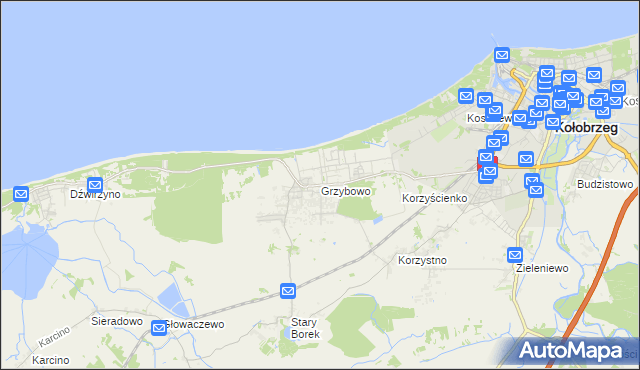 mapa Grzybowo gmina Kołobrzeg, Grzybowo gmina Kołobrzeg na mapie Targeo