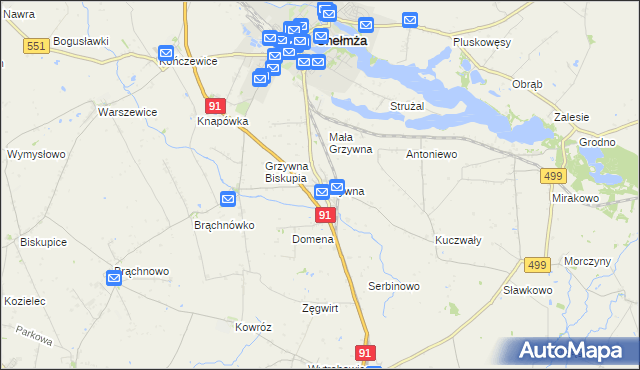 mapa Grzywna gmina Chełmża, Grzywna gmina Chełmża na mapie Targeo