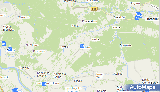 mapa Hucisko gmina Harasiuki, Hucisko gmina Harasiuki na mapie Targeo