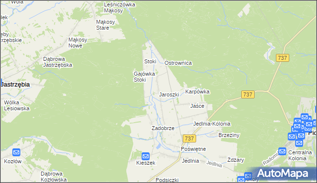 mapa Jaroszki gmina Pionki, Jaroszki gmina Pionki na mapie Targeo
