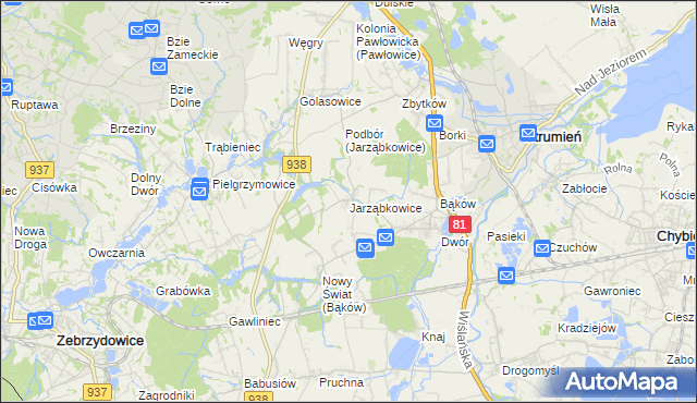 mapa Jarząbkowice gmina Pawłowice, Jarząbkowice gmina Pawłowice na mapie Targeo