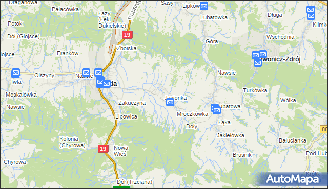 mapa Jasionka gmina Dukla, Jasionka gmina Dukla na mapie Targeo
