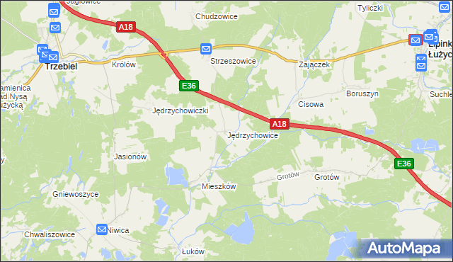 mapa Jędrzychowice gmina Trzebiel, Jędrzychowice gmina Trzebiel na mapie Targeo
