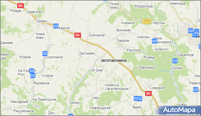 mapa Jerzmanowice gmina Jerzmanowice-Przeginia, Jerzmanowice gmina Jerzmanowice-Przeginia na mapie Targeo