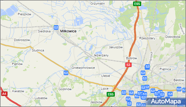 mapa Jezierzany gmina Miłkowice, Jezierzany gmina Miłkowice na mapie Targeo