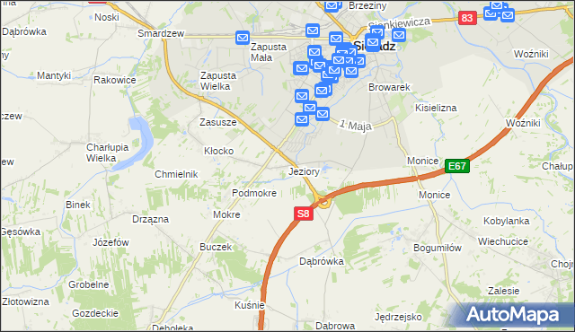 mapa Jeziory gmina Sieradz, Jeziory gmina Sieradz na mapie Targeo