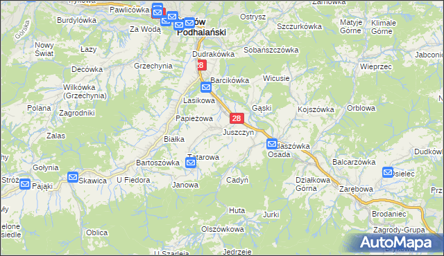 mapa Juszczyn gmina Maków Podhalański, Juszczyn gmina Maków Podhalański na mapie Targeo