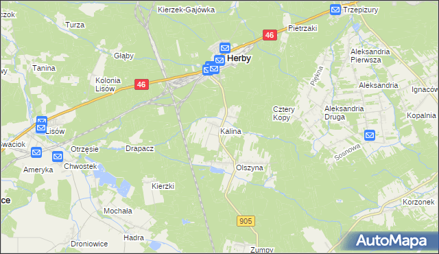 mapa Kalina gmina Herby, Kalina gmina Herby na mapie Targeo