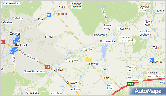 mapa Kamyk gmina Kłobuck, Kamyk gmina Kłobuck na mapie Targeo