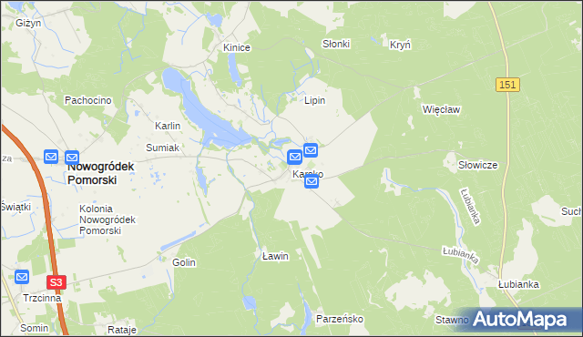 mapa Karsko gmina Nowogródek Pomorski, Karsko gmina Nowogródek Pomorski na mapie Targeo