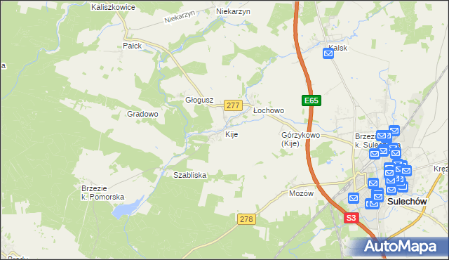 mapa Kije gmina Sulechów, Kije gmina Sulechów na mapie Targeo