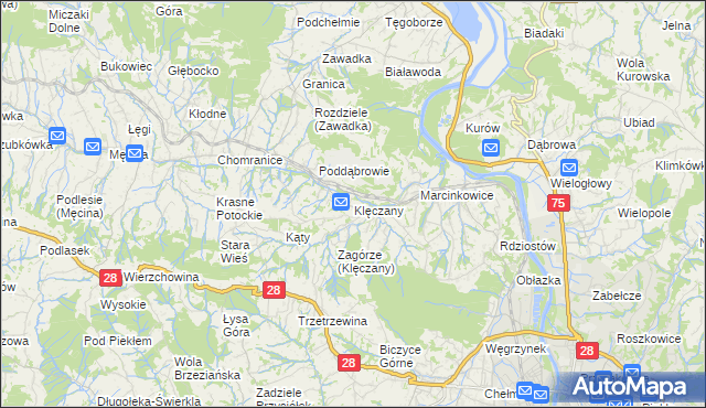 mapa Klęczany gmina Chełmiec, Klęczany gmina Chełmiec na mapie Targeo