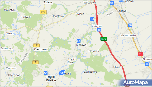 mapa Kłodawa gmina Trąbki Wielkie, Kłodawa gmina Trąbki Wielkie na mapie Targeo