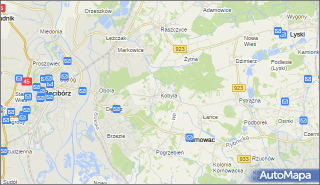 mapa Kobyla gmina Kornowac, Kobyla gmina Kornowac na mapie Targeo