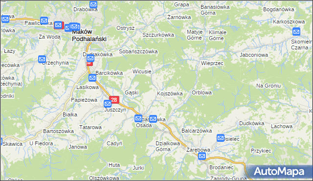 mapa Kojszówka, Kojszówka na mapie Targeo