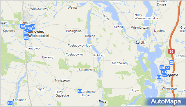 mapa Kołdrąb gmina Janowiec Wielkopolski, Kołdrąb gmina Janowiec Wielkopolski na mapie Targeo