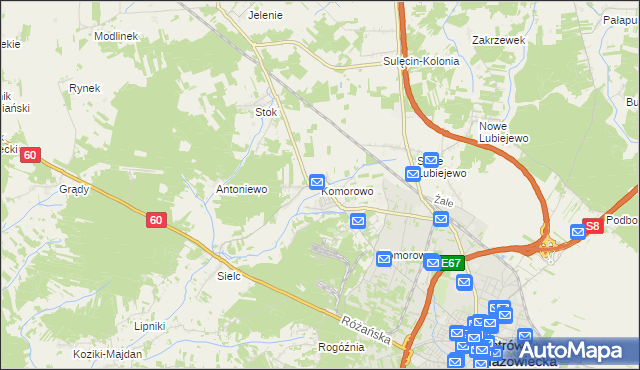 mapa Komorowo gmina Ostrów Mazowiecka, Komorowo gmina Ostrów Mazowiecka na mapie Targeo
