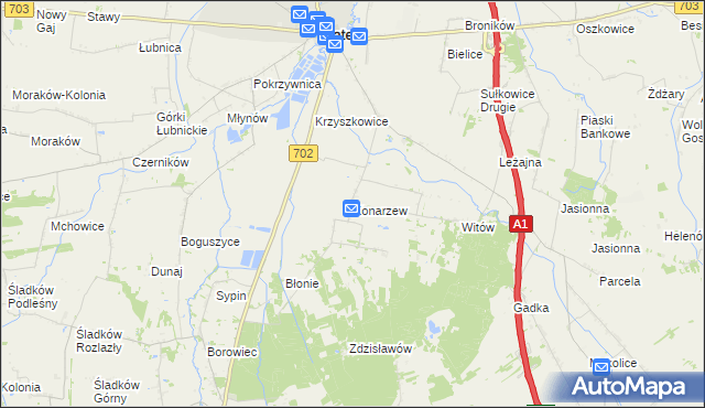 mapa Konarzew gmina Piątek, Konarzew gmina Piątek na mapie Targeo