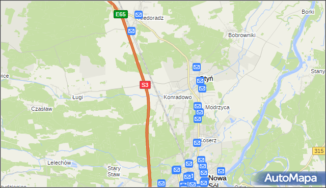 mapa Konradowo gmina Otyń, Konradowo gmina Otyń na mapie Targeo