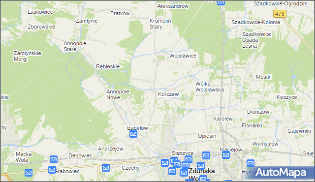 mapa Korczew gmina Zduńska Wola, Korczew gmina Zduńska Wola na mapie Targeo