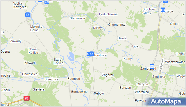 mapa Korytnica gmina Sobków, Korytnica gmina Sobków na mapie Targeo