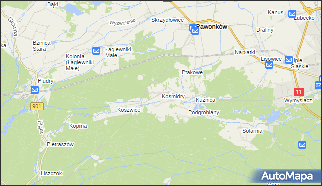 mapa Kośmidry gmina Pawonków, Kośmidry gmina Pawonków na mapie Targeo