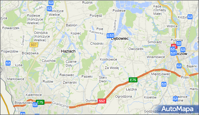 mapa Kostkowice gmina Dębowiec, Kostkowice gmina Dębowiec na mapie Targeo