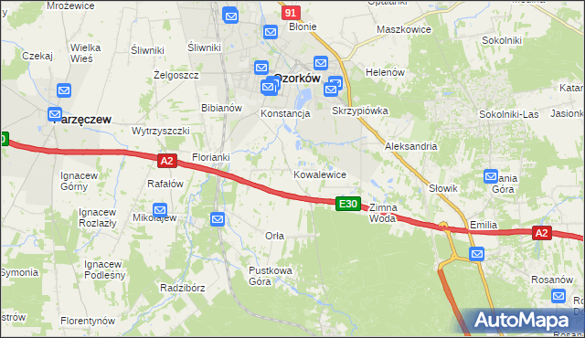 mapa Kowalewice gmina Parzęczew, Kowalewice gmina Parzęczew na mapie Targeo