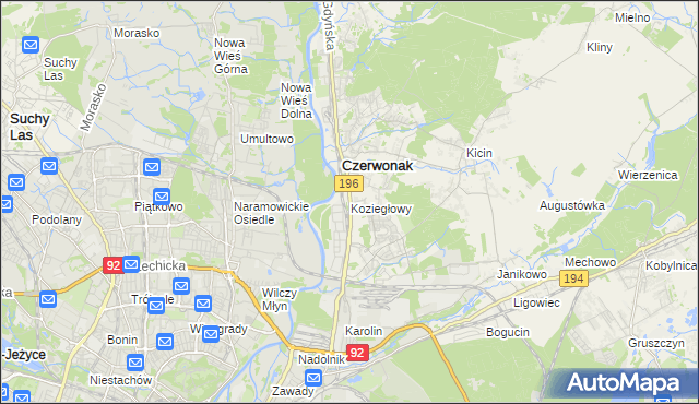 mapa Koziegłowy gmina Czerwonak, Koziegłowy gmina Czerwonak na mapie Targeo